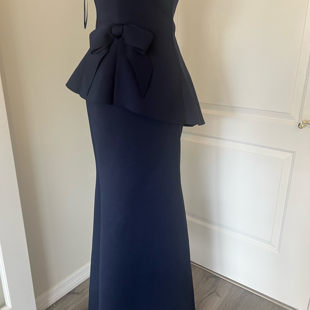Elegant Navy Peplum Gown with Bow Detail